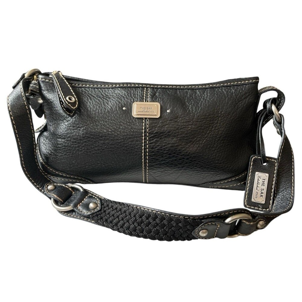 The Sak Mini Shoulder Bag Black Pebbled Leather Contrast Stitch 11 x 5.5" READ